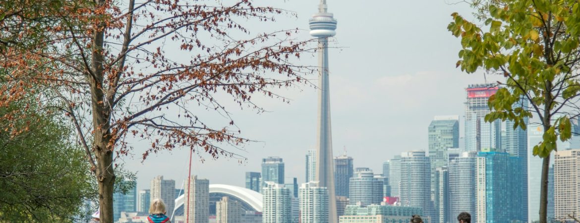 four people sits on park benches across city scape