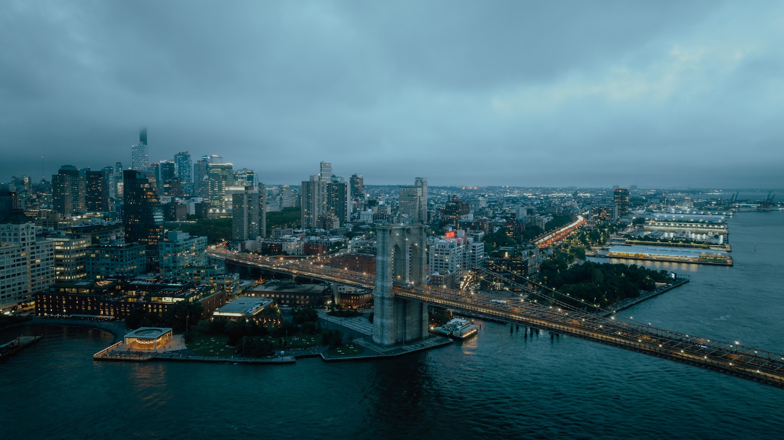 An aerial view of a city at night